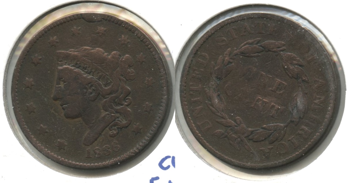 1836 Coronet Large Cent Fine-12 #b Cleaned Retoned