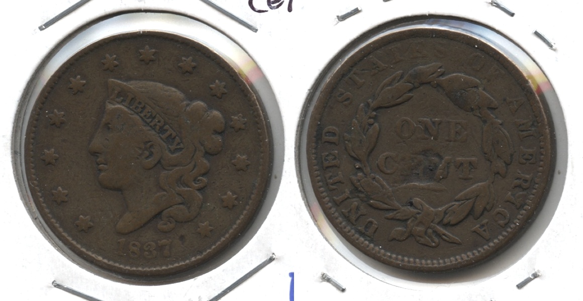 1837 Coronet Large Cent Fine-12 #e Reverse Bump