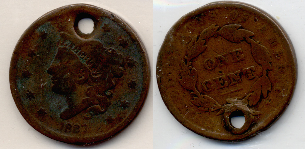 1837 Coronet Large Cent Good-4 a Holed