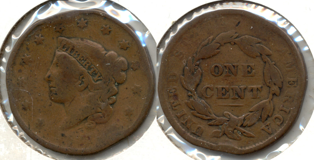 1837 Coronet Large Cent Good-4 c Rim Bumps