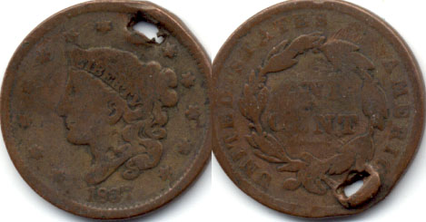 1837 Coronet Large Cent VG-8 b Holed