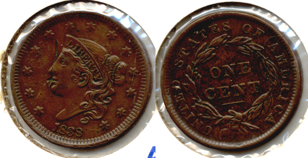 1838 Coronet Large Cent AU-50 Obverse Scrape
