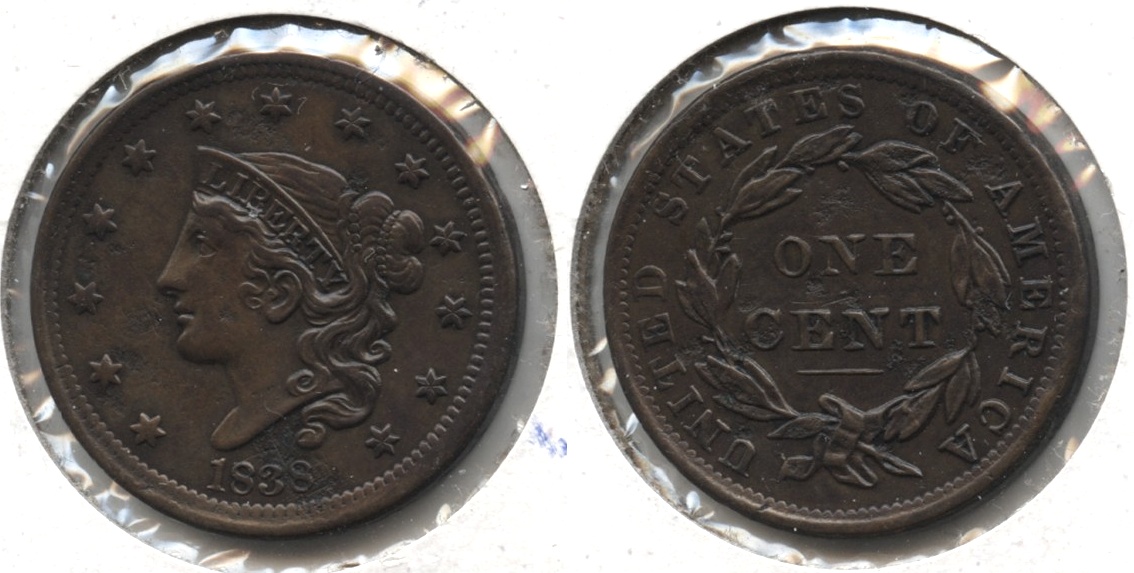 1838 Coronet Large Cent AU-55 Some Spots