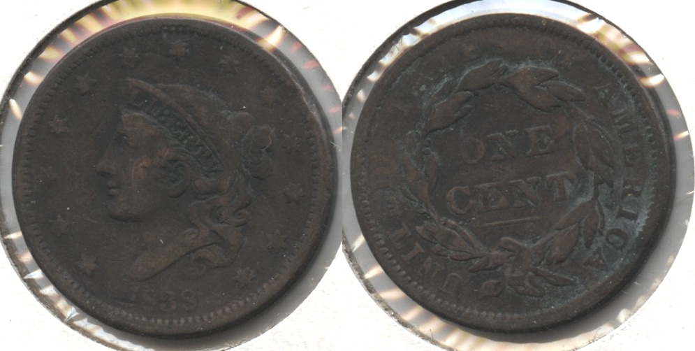 1838 Coronet Large Cent F-12 #d Cleaned Retoned