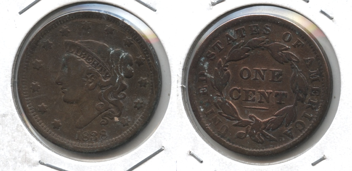 1838 Coronet Large Cent F-12 #n Cleaned Retoned