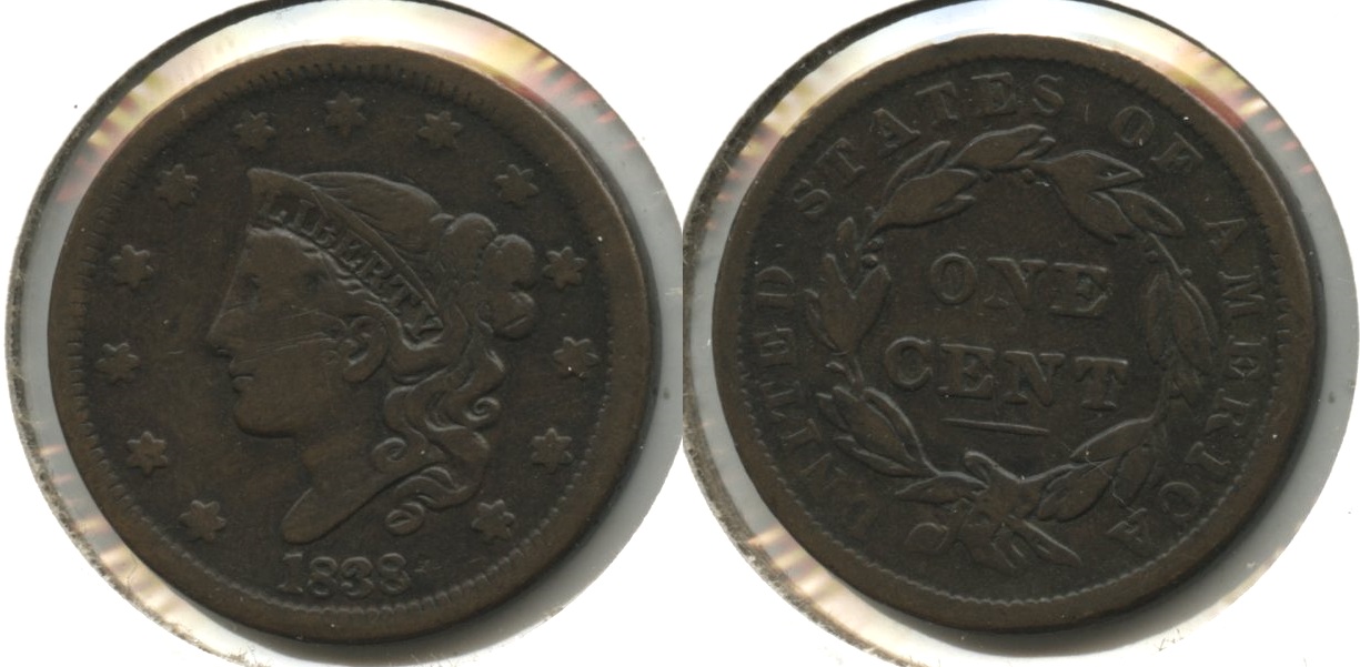 1838 Coronet Large Cent F-12 #t Obverse Scratches