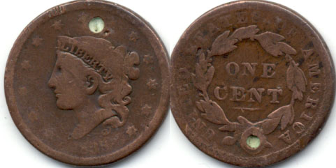 1838 Coronet Large Cent Good-4 a Holed