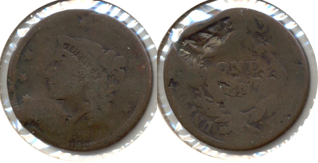 1838 Coronet Large Cent Good-4 b Bad Damage