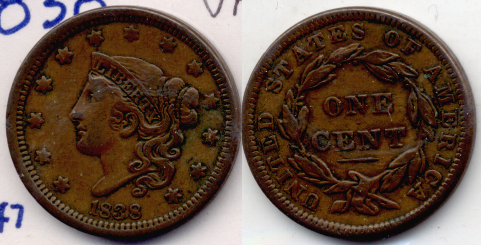 1838 Coronet Large Cent VF-20