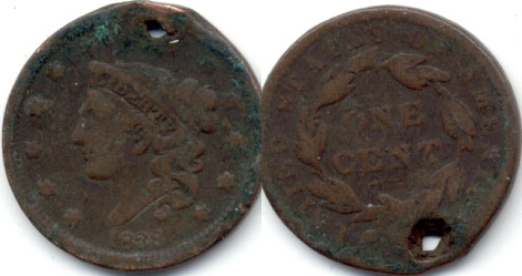 1838 Coronet Large Cent VG-8 a Holed