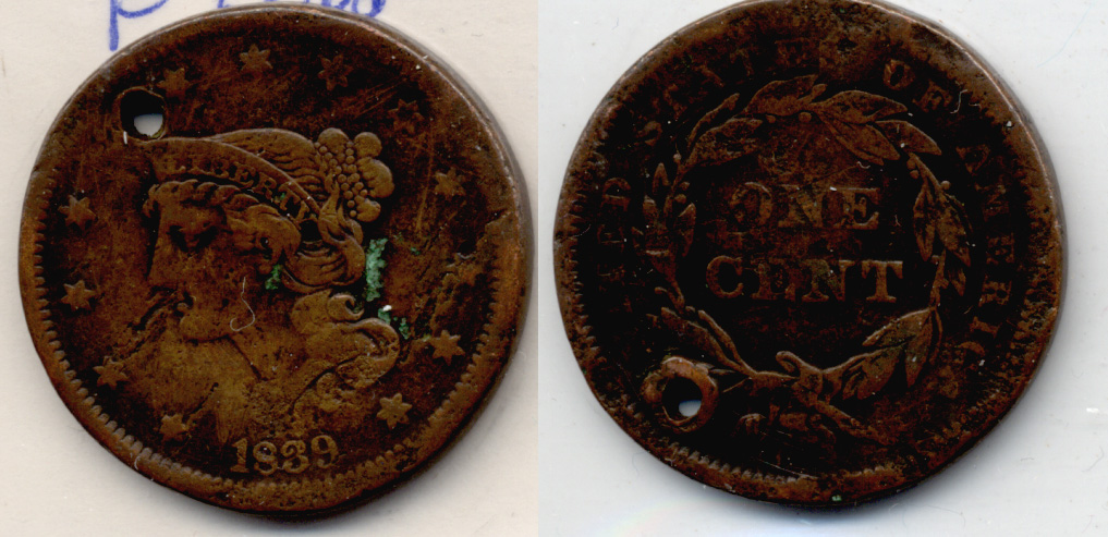 1839 Coronet Large Cent Fine-12 Holed