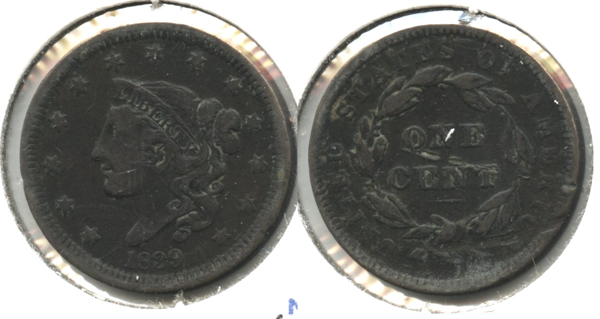 1839 Coronet Large Cent Fine-12 #h Reverse Scratch