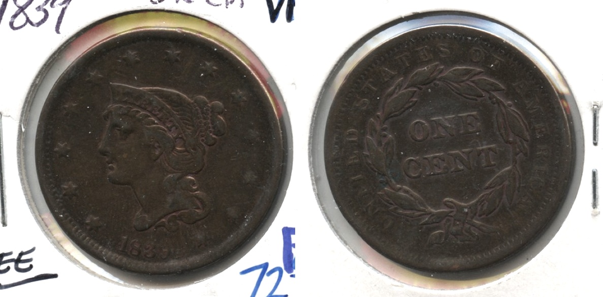1839 Coronet Large Cent VF-20 Old Cleaning