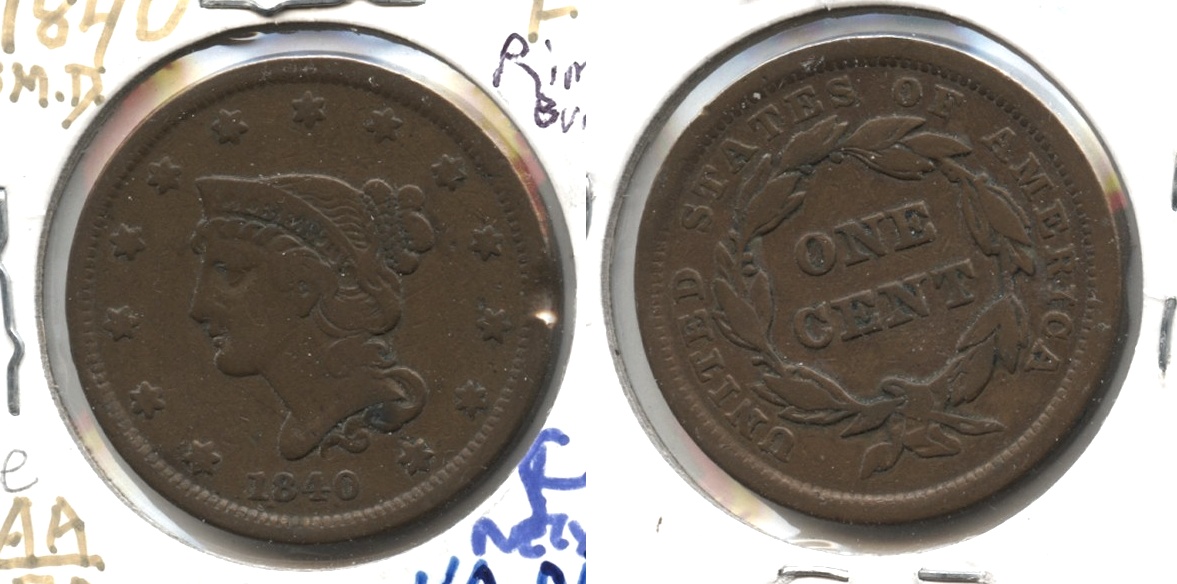 1840 Small Date Large Cent Fine-12 #e Rim Bump