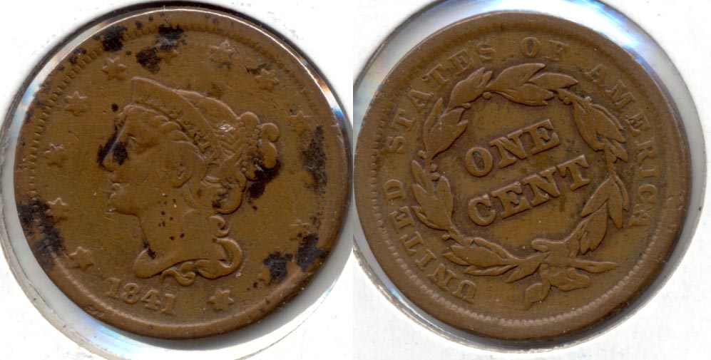 1841 Coronet Large Cent VG-8 Obverse Spots