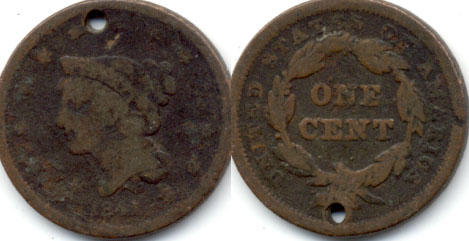 1841 Coronet Large Cent VG-8 a Holed