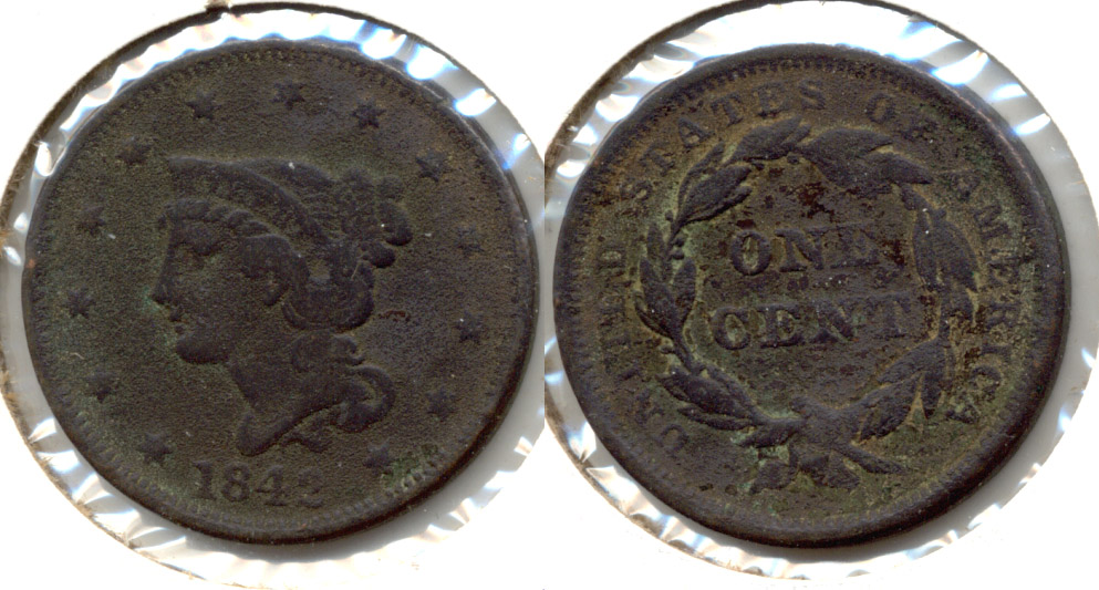 1842 Coronet Large Cent F-12 Large Date Porous