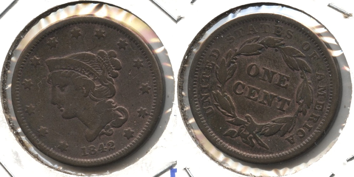 1842 Coronet Large Cent F-12 #a Old Cleaning