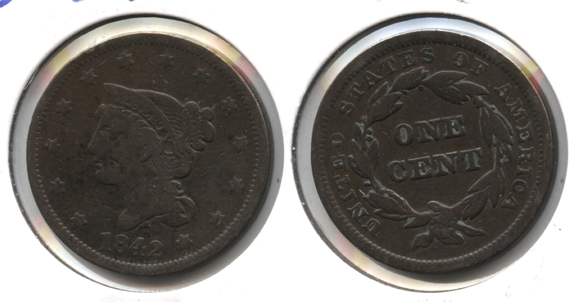1842 Coronet Large Cent VG-8 #e Large Date Old Cleaning