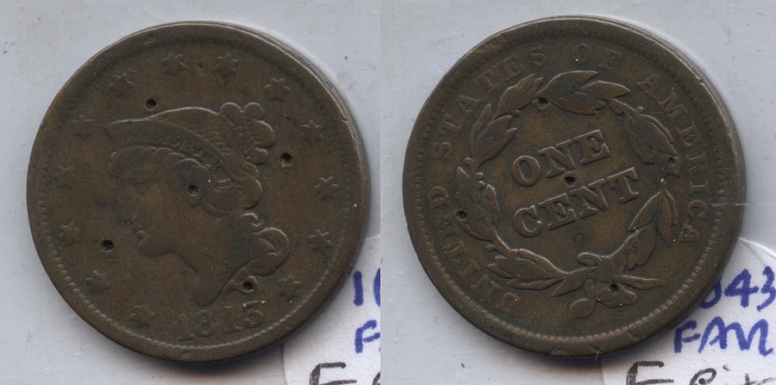 1843 Coronet Large Cent Fine-12 #e Pits