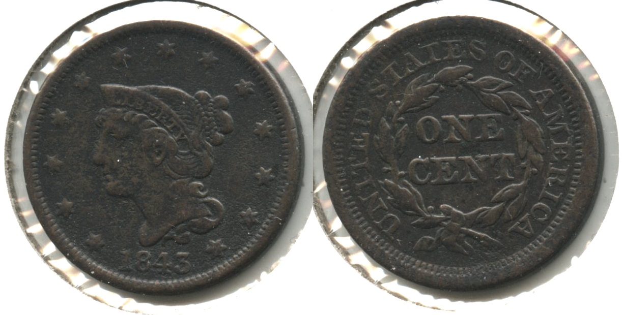 1843 Coronet Large Cent Fine-12 #g Lightly Porous