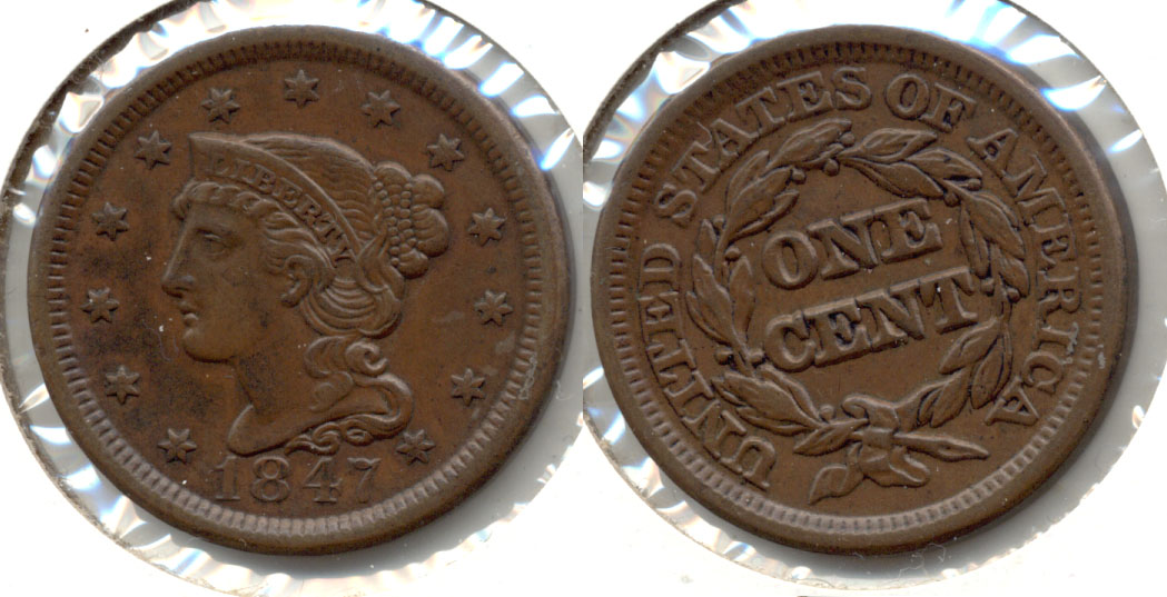 1847 Coronet Large Cent AU-50