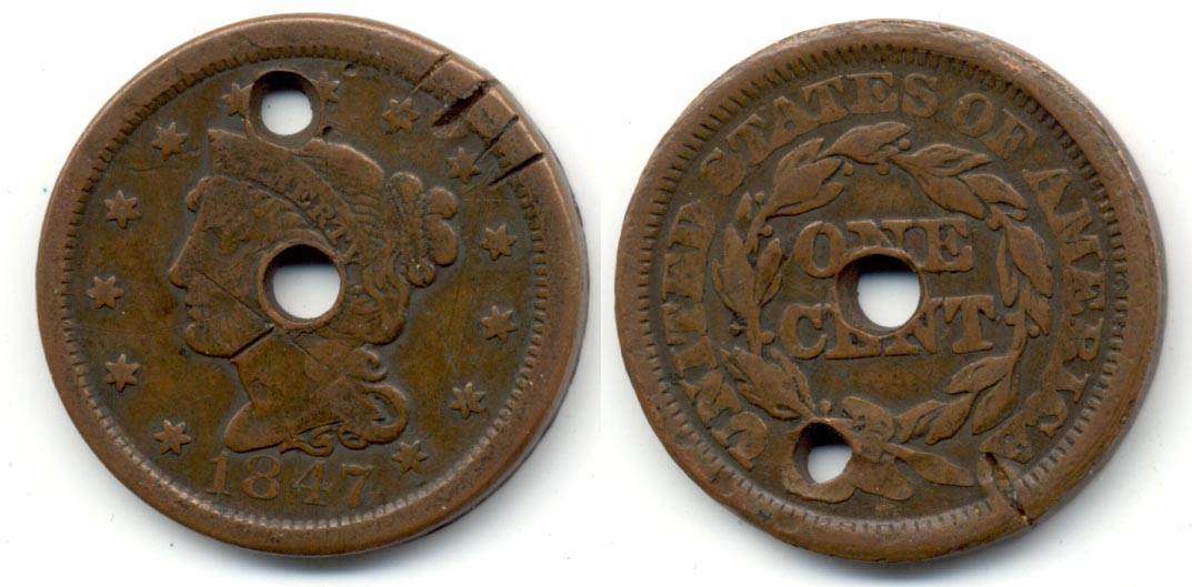 1847 Coronet Large Cent Fine-12 c Holed