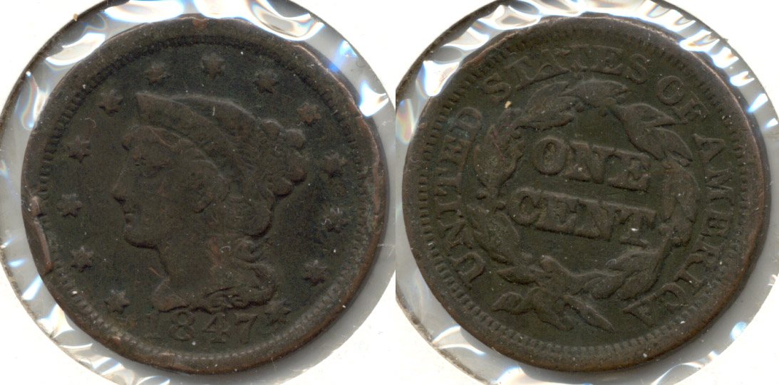 1847 Coronet Large Cent Fine-12 g Edge Bump