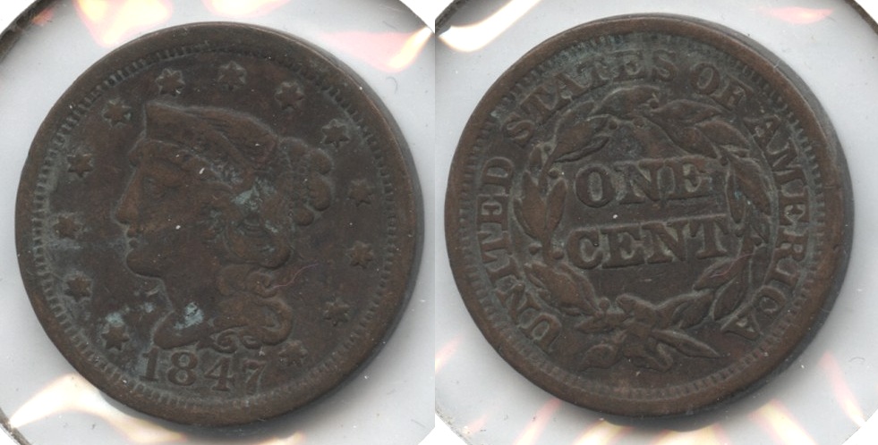1847 Coronet Large Cent Fine-12 #i Green Spots