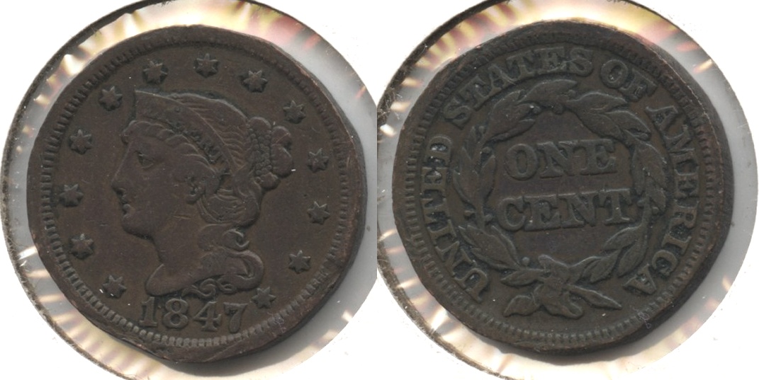1847 Coronet Large Cent Fine-12 #j Rim Damage