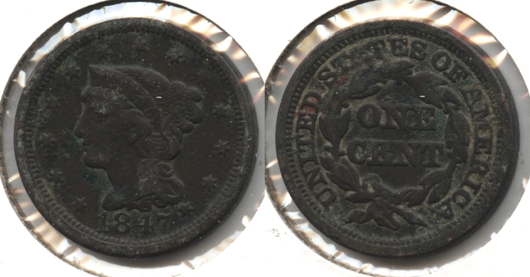 1847 Coronet Large Cent Fine-12 #l Some Green