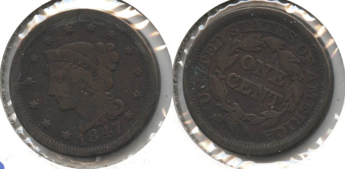 1847 Coronet Large Cent Fine-12 #m Bit Dark