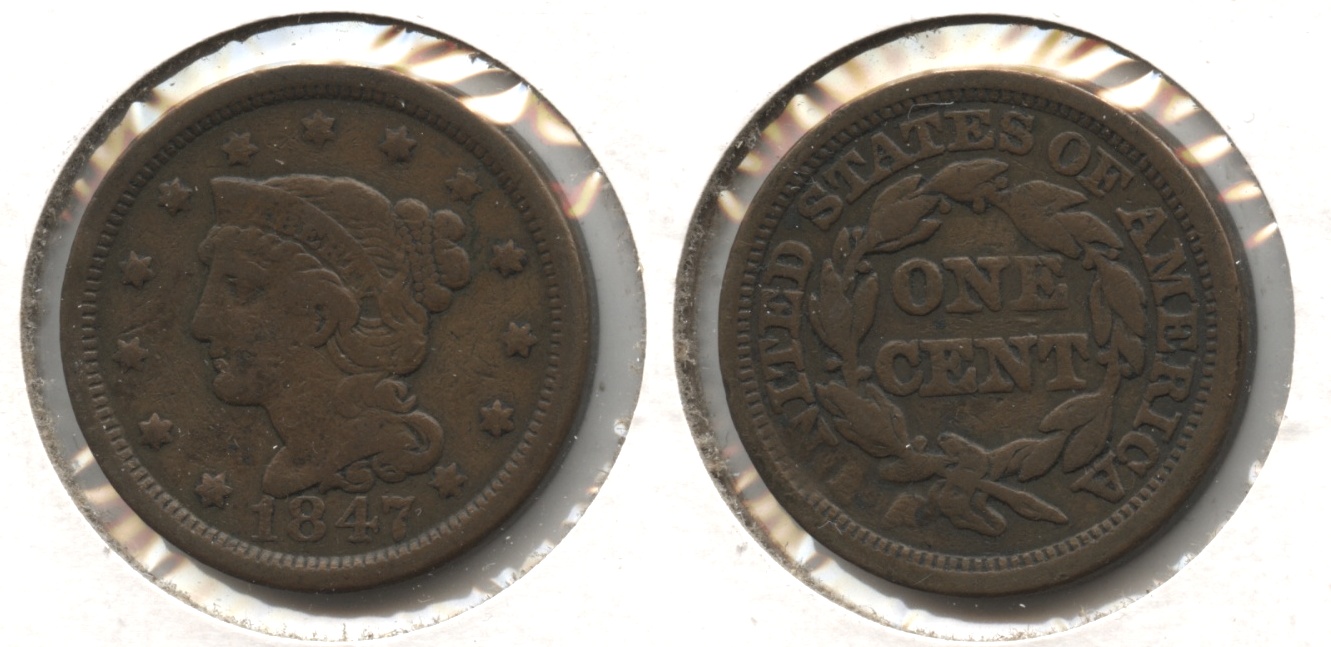 1847 Coronet Large Cent Fine-12 #v Cleaned Retoned