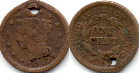 1847 Coronet Large Cent G-4 c Holed