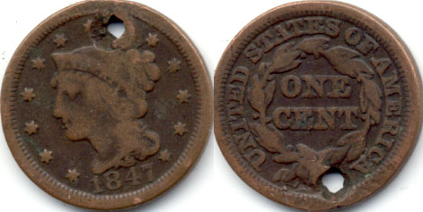 1847 Coronet Large Cent G-4 d Holed