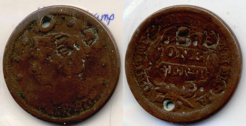 1847 Coronet Large Cent G-4 e Holed