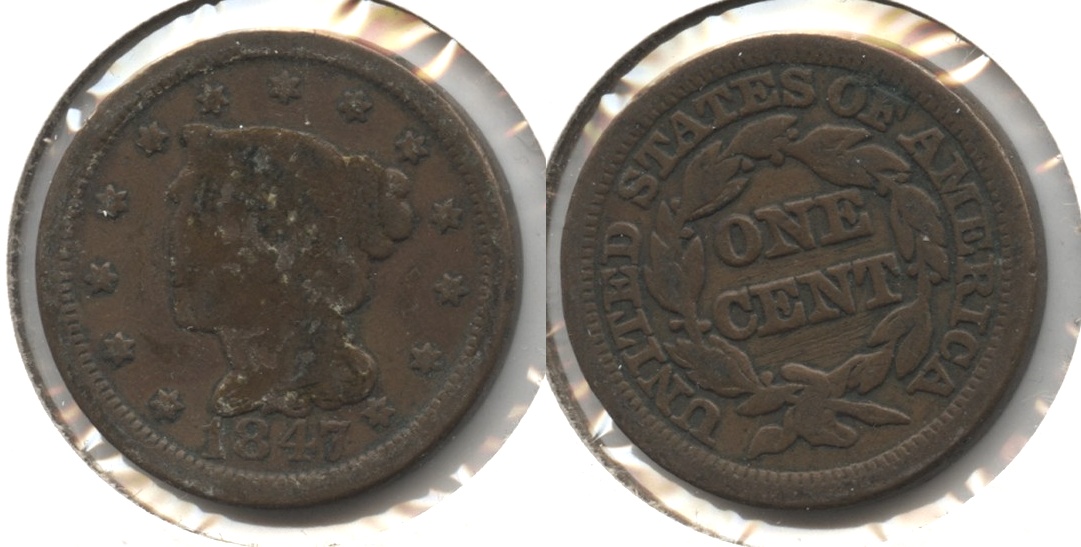1847 Coronet Large Cent Good-4 #h Obverse Matter