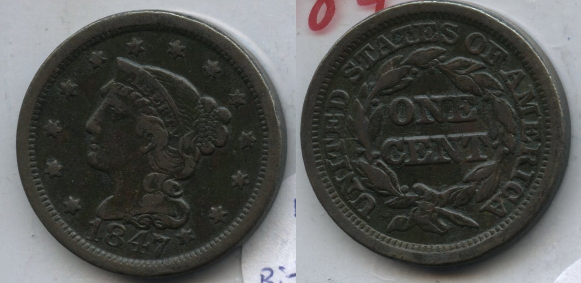 1847 Coronet Large Cent VF-20 #c Bit Dark