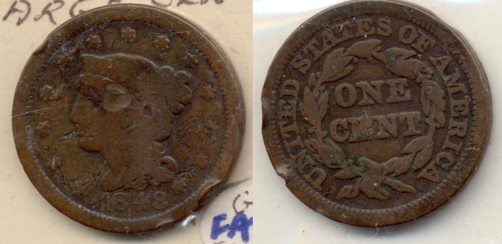 1848 Coronet Large Cent Good-4 a Edge Bump