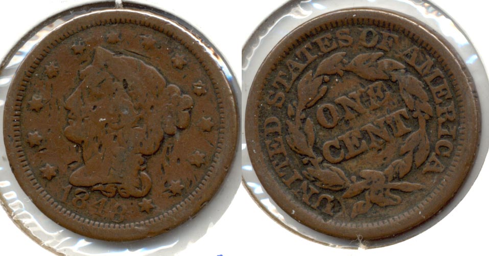 1848 Coronet Large Cent VG-8 c Obverse Tics