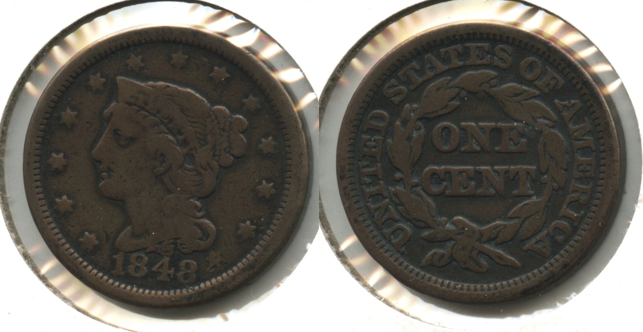 1848 Coronet Large Cent VG-8 #o Cleaned Retoned