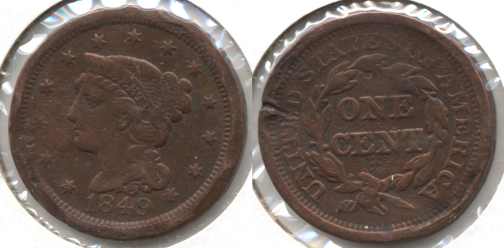 1849 Coronet Large Cent Fine-12 e Damaged