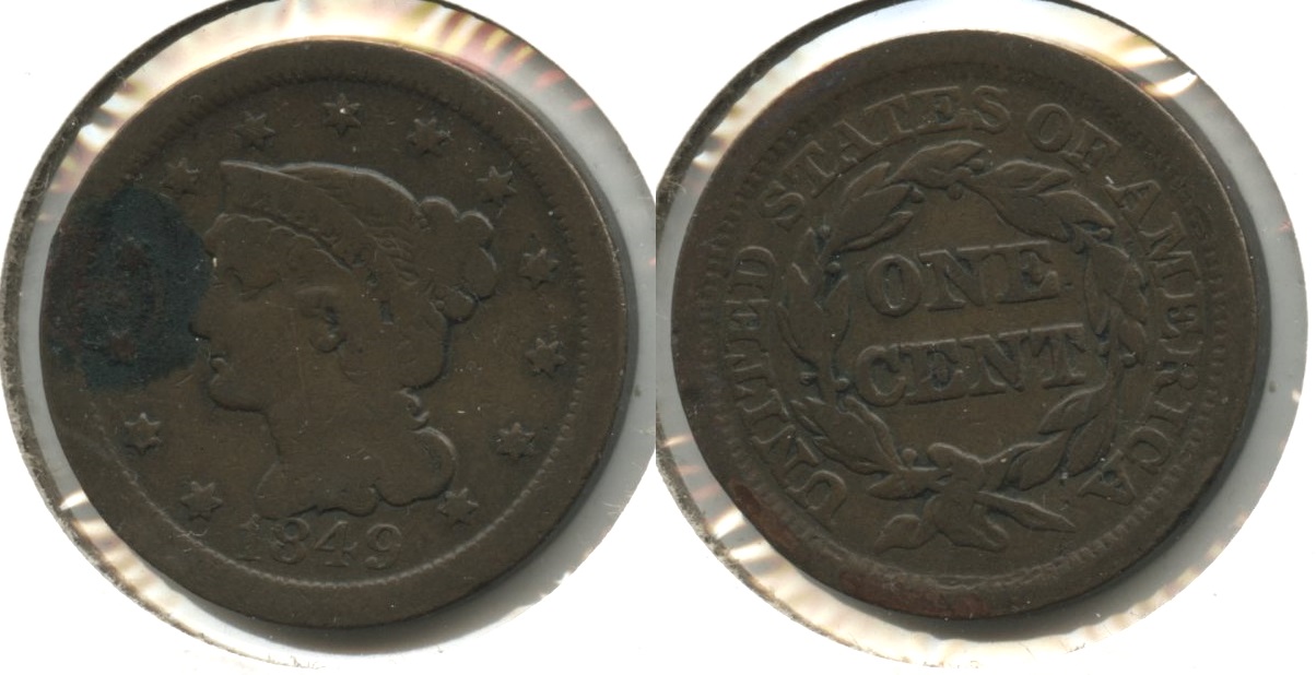 1849 Coronet Large Cent VG-8 #m Green Patch