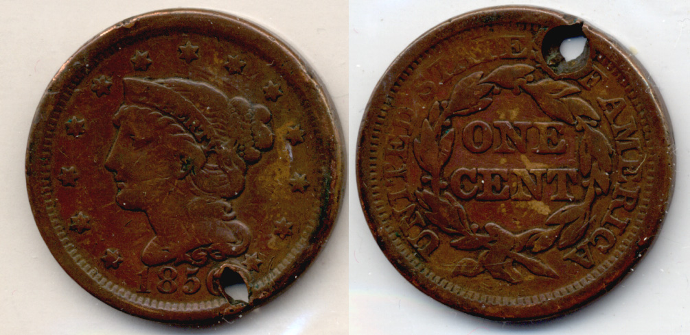 1850 Coronet Large Cent Fine-12 c Holed