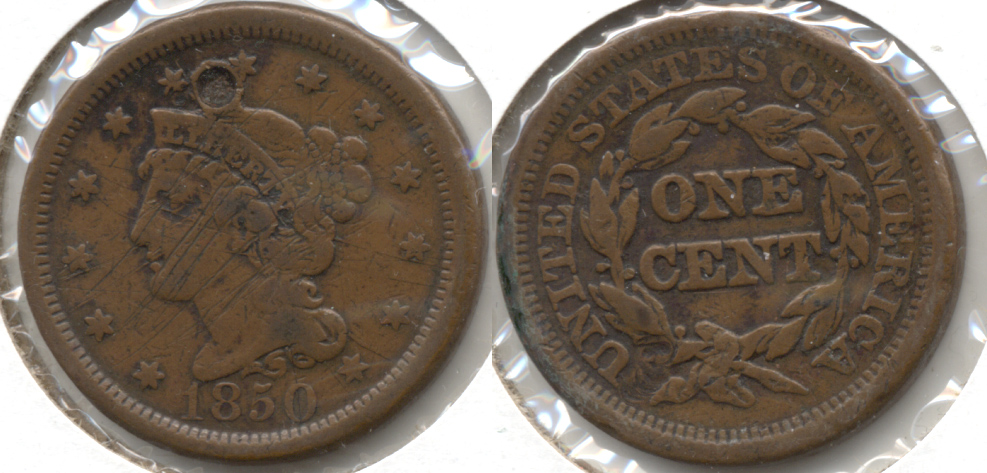 1850 Coronet Large Cent Fine-12 f Attempted Hole