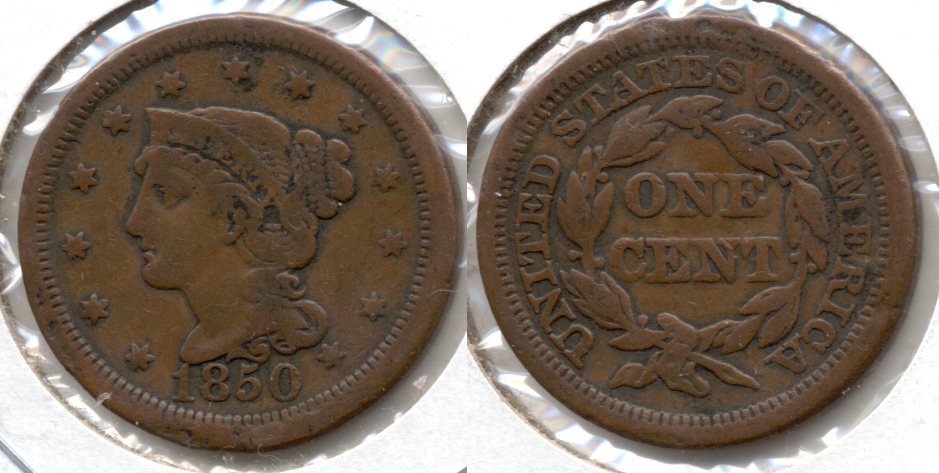 1850 Coronet Large Cent Fine-12 g Rim Bump