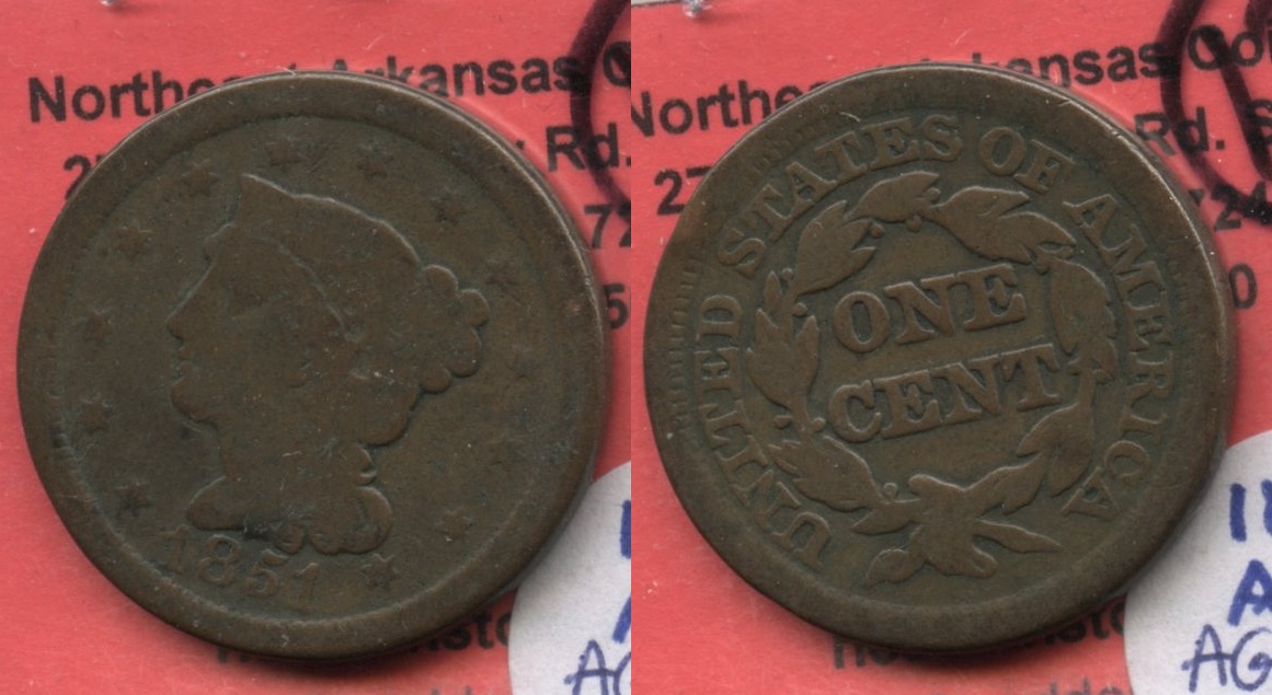 1851 Coroned Large Cent AG-3+ #a