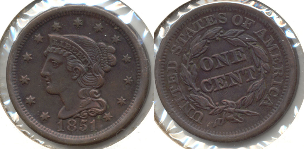 1851 Coroned Large Cent AU-50