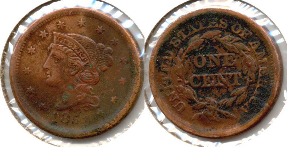 1851 Coroned Large Cent AU-50 a Fire Damage