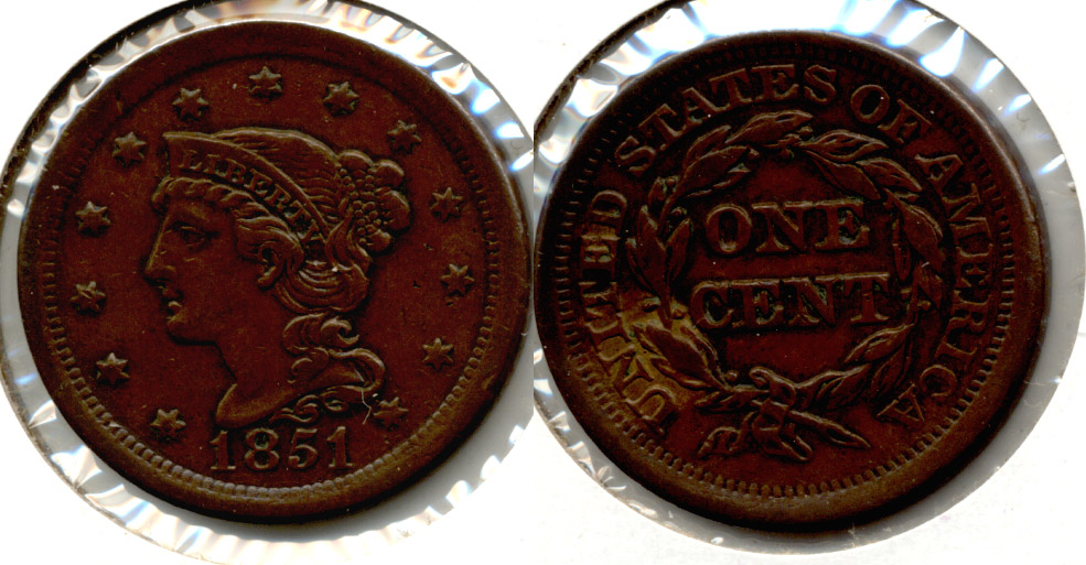 1851 Coroned Large Cent AU-50 b
